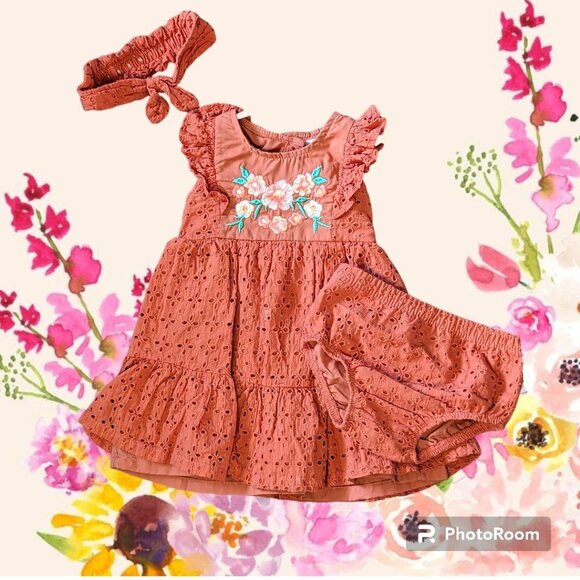 Daisy Fuentes Other - Daisy Fuentes Burnt Orange Eyelet Dress Set 12 Months Headband Floral